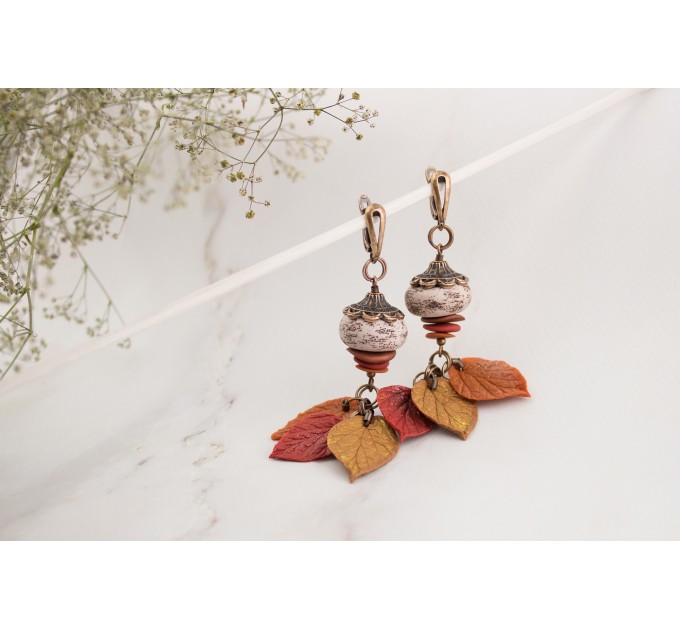 Handmade dangle earrings with Autumn leaves and Unique ancient style beads Copper leverback French back