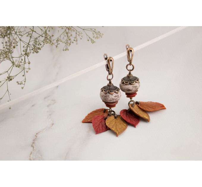 Handmade dangle earrings with Autumn leaves and Unique ancient style beads Copper leverback French back