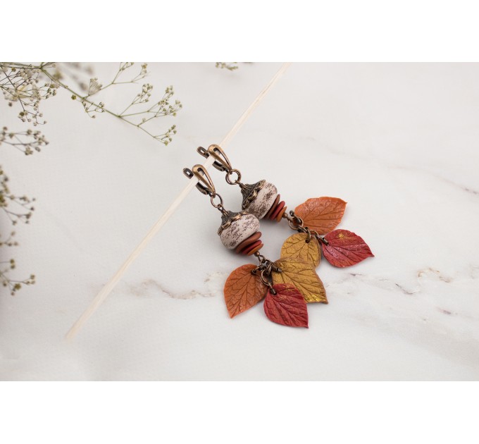 Handmade dangle earrings with Autumn leaves and Unique ancient style beads Copper leverback French back