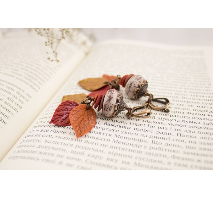 Handmade dangle earrings with Autumn leaves and Unique ancient style beads Copper leverback French back