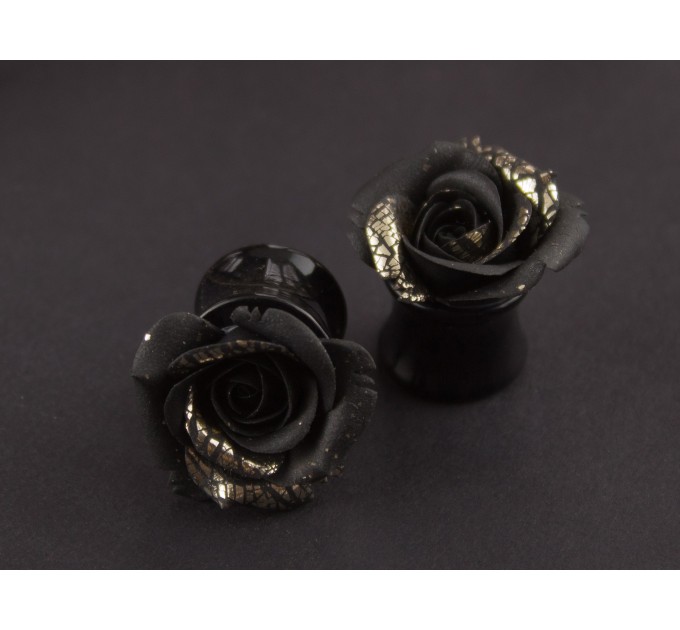 Black & gold rose plug earrings, Gothic 4g gauges