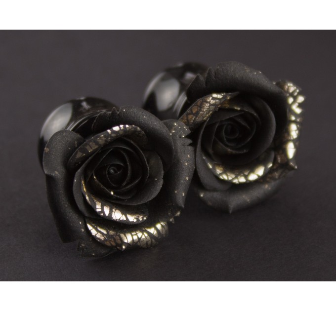 Black & gold rose plug earrings, Gothic 4g gauges