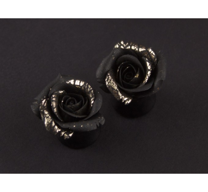 Black & gold rose plug earrings, Gothic 4g gauges