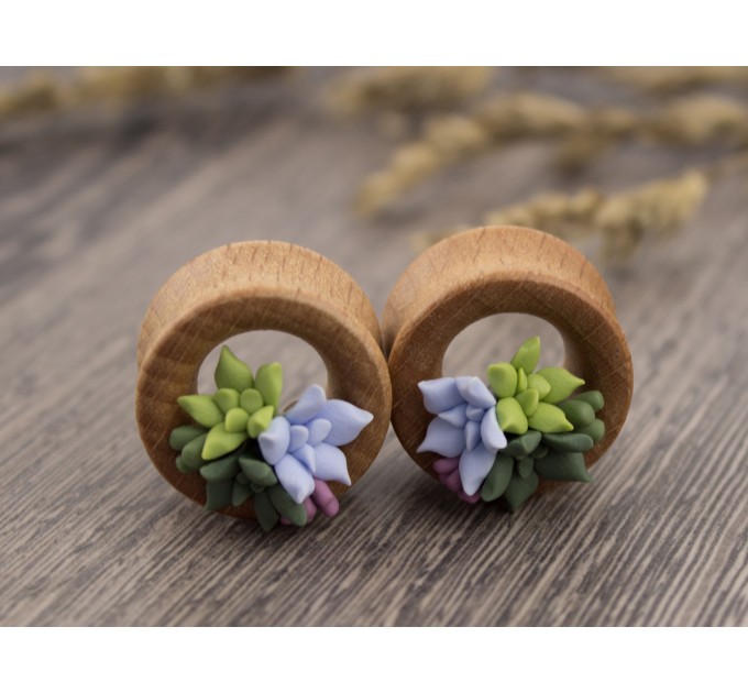 Cute wooden plugs with succulents, 00g - 20mm tunnels