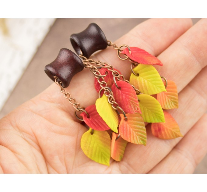 Colorful fall leaves Dangle gauge earrings for stretched ears Wooden tunnels Autumn Woodland Chain hangers Handmade