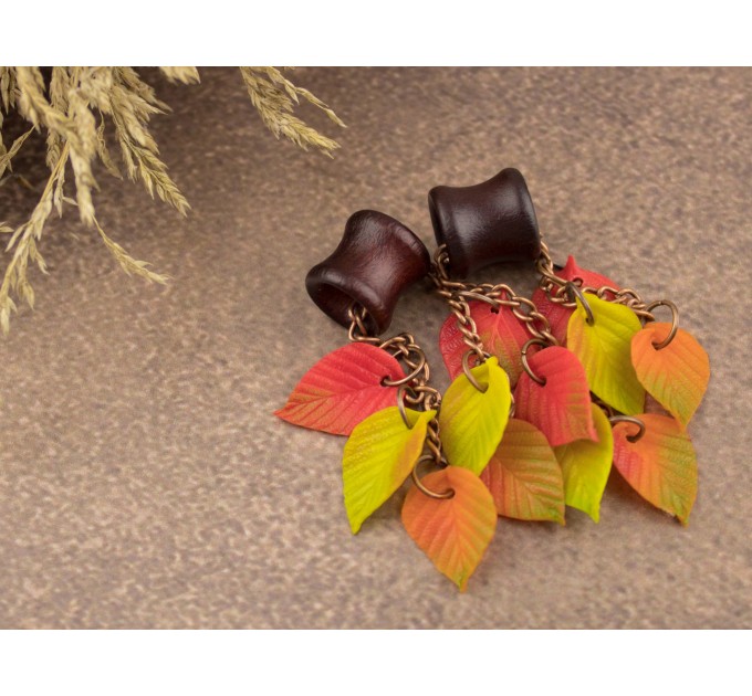 Colorful fall leaves Dangle gauge earrings for stretched ears Wooden tunnels Autumn Woodland Chain hangers Handmade