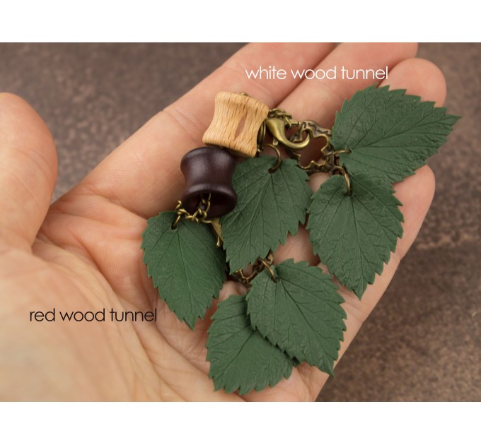 Green leaves chain hangers for stretched ears 8mm - 20mm wooden tunnels Dangle plugs and gauges Woodland Botanical