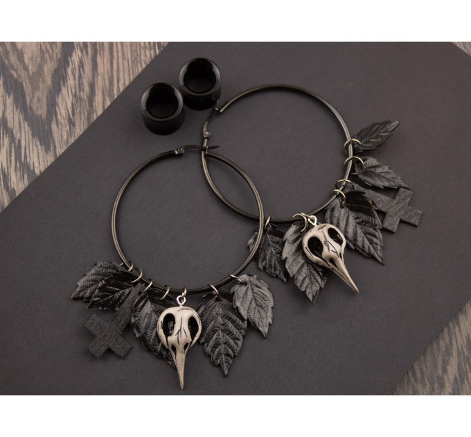Gothic hoop earrings Dangle tunnel hangers for stretched ears Inverted cross Bird skull Black leaves Halloween