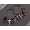 Gothic hoop earrings Dangle tunnel hangers for stretched ears Inverted cross Bird skull Black leaves Halloween