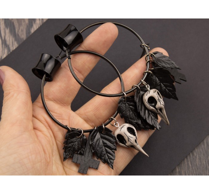 Gothic hoop earrings Dangle tunnel hangers for stretched ears Inverted cross Bird skull Black leaves Halloween
