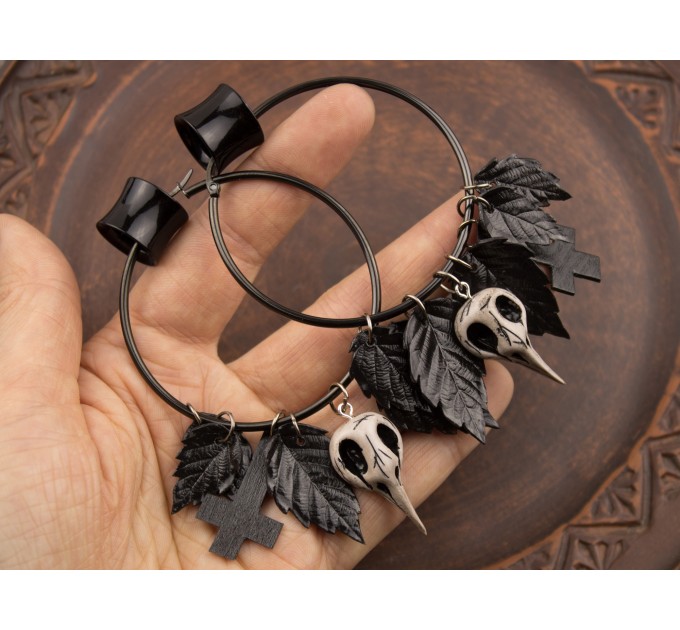 Gothic hoop earrings Dangle tunnel hangers for stretched ears Inverted cross Bird skull Black leaves Halloween