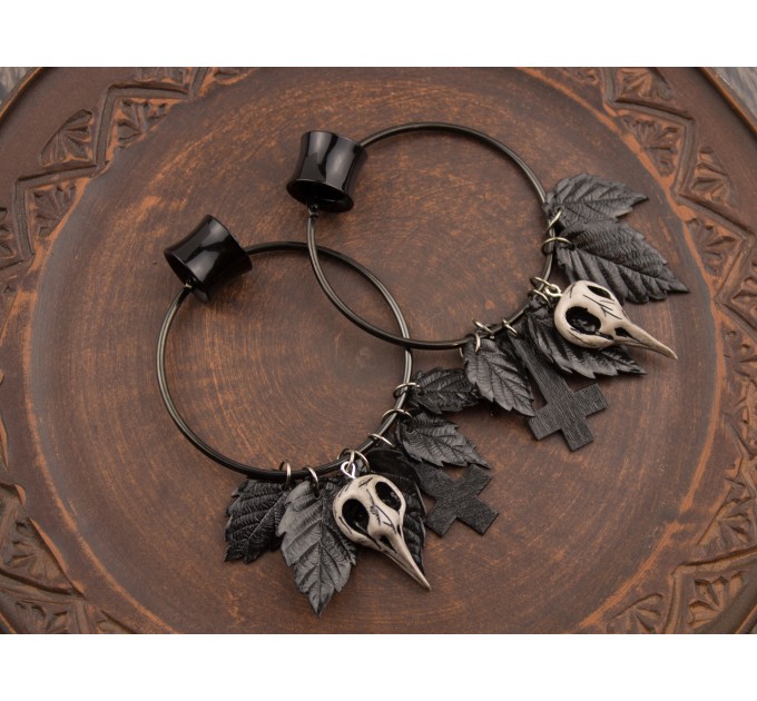 Gothic hoop earrings Dangle tunnel hangers for stretched ears Inverted cross Bird skull Black leaves Halloween