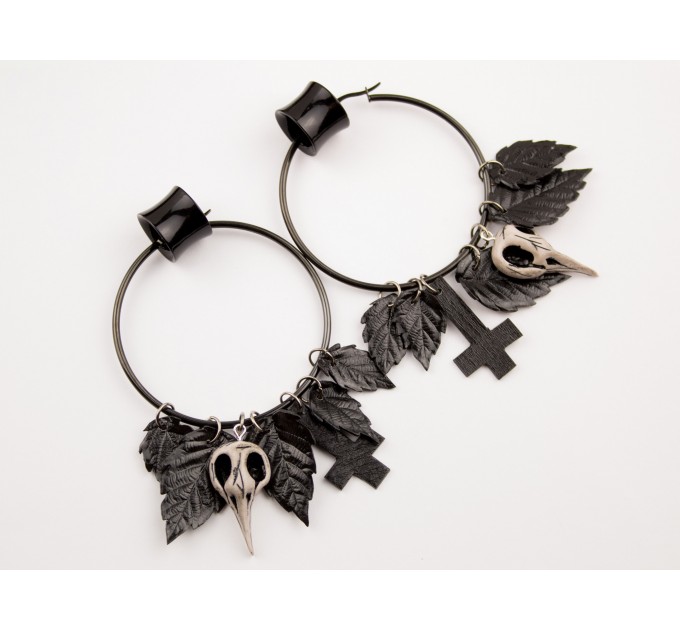 Gothic hoop earrings Dangle tunnel hangers for stretched ears Inverted cross Bird skull Black leaves Halloween