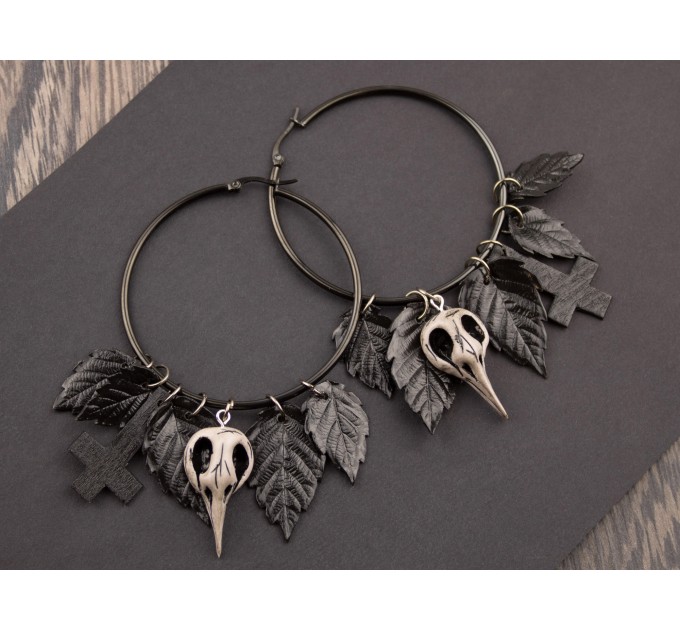 Gothic hoop earrings Dangle tunnel hangers for stretched ears Inverted cross Bird skull Black leaves Halloween