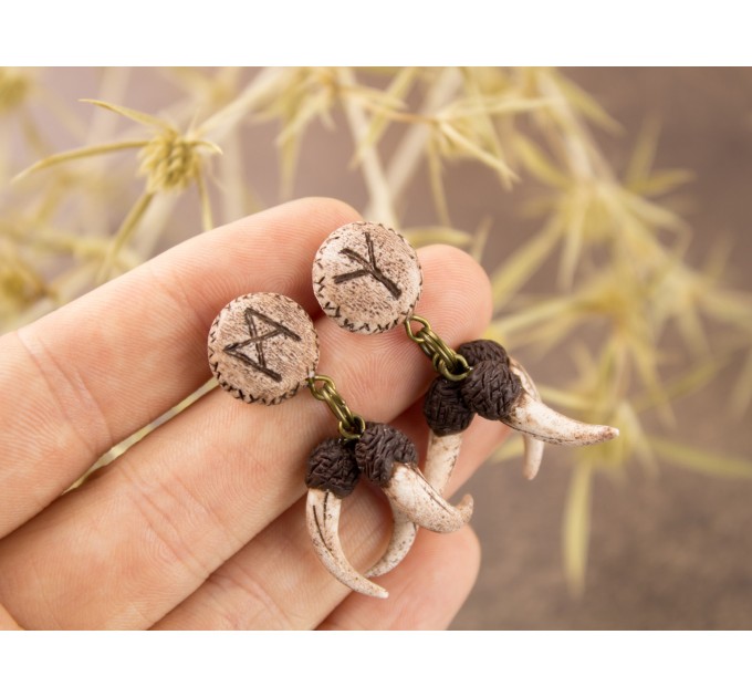 Runes stud earrings for men with Fangs Ancient Viking jewelry studs for guys Pagan Brutal Handcrafted