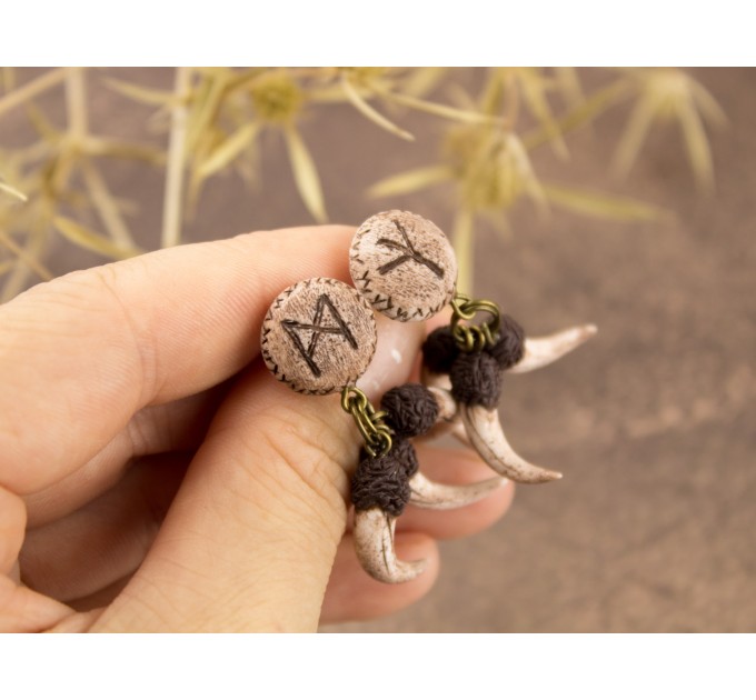 Runes stud earrings for men with Fangs Ancient Viking jewelry studs for guys Pagan Brutal Handcrafted