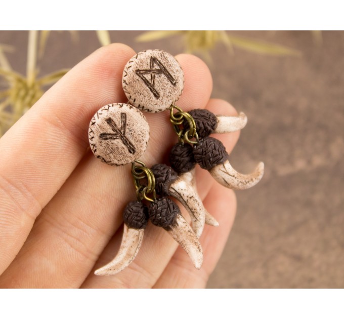 Runes stud earrings for men with Fangs Ancient Viking jewelry studs for guys Pagan Brutal Handcrafted