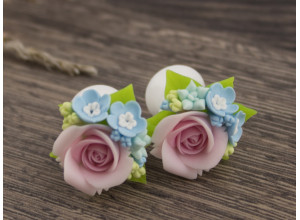 Pink roses and forget-me-not plug earrings 8-20mm