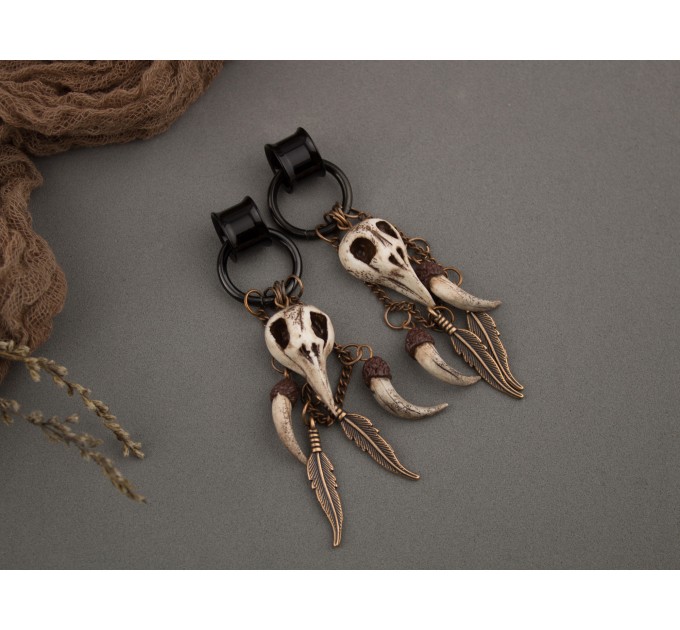 Gothic hoop hangers for tunnels Dangle earrings for stretched ears with Raven bird skull Copper chains Viking fangs and feathers Handmade
