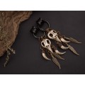 Gothic hoop hangers for tunnels Dangle earrings for stretched ears with Raven bird skull Copper chains Viking fangs and feathers Handmade