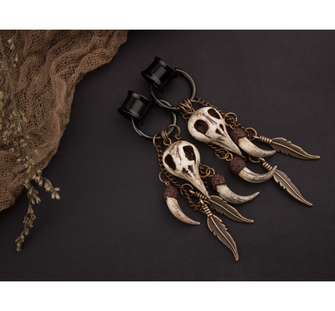 Gothic hoop hangers for tunnels Dangle earrings for stretched ears with Raven bird skull Copper chains Viking fangs and feathers Handmade