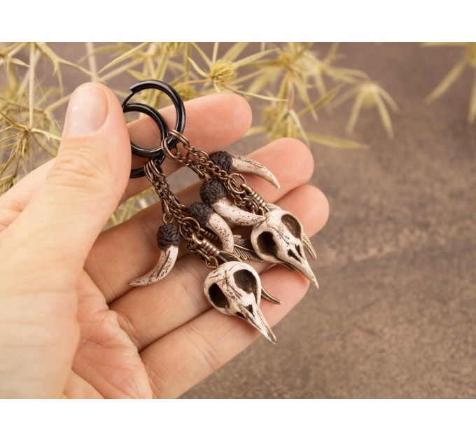 Gothic hoop hangers for tunnels Dangle earrings for stretched ears with Raven bird skull Copper chains Viking fangs and feathers Handmade