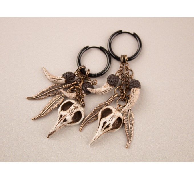 Gothic hoop hangers for tunnels Dangle earrings for stretched ears with Raven bird skull Copper chains Viking fangs and feathers Handmade