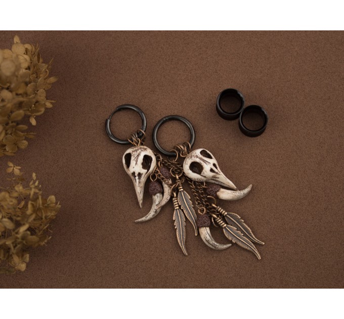 Gothic hoop hangers for tunnels Dangle earrings for stretched ears with Raven bird skull Copper chains Viking fangs and feathers Handmade