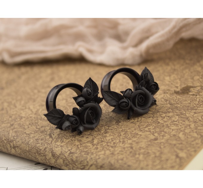 Handcrafted black rose ear tunnels for Goth weddings