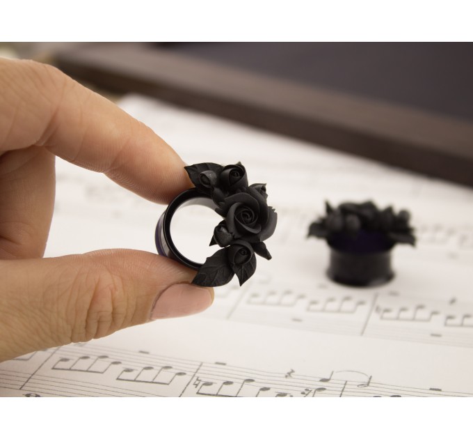 Handcrafted black rose ear tunnels for Goth weddings