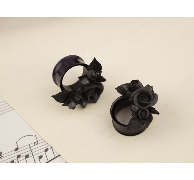 Handcrafted black rose ear tunnels for Goth weddings