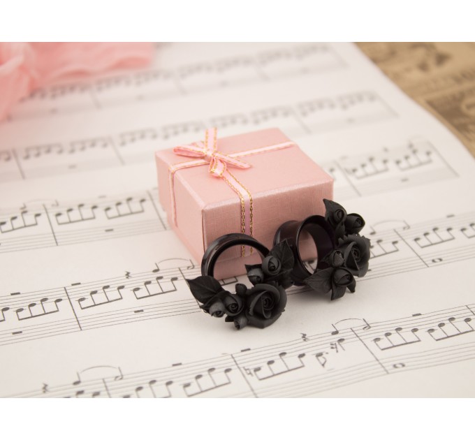 Handcrafted black rose ear tunnels for Goth weddings