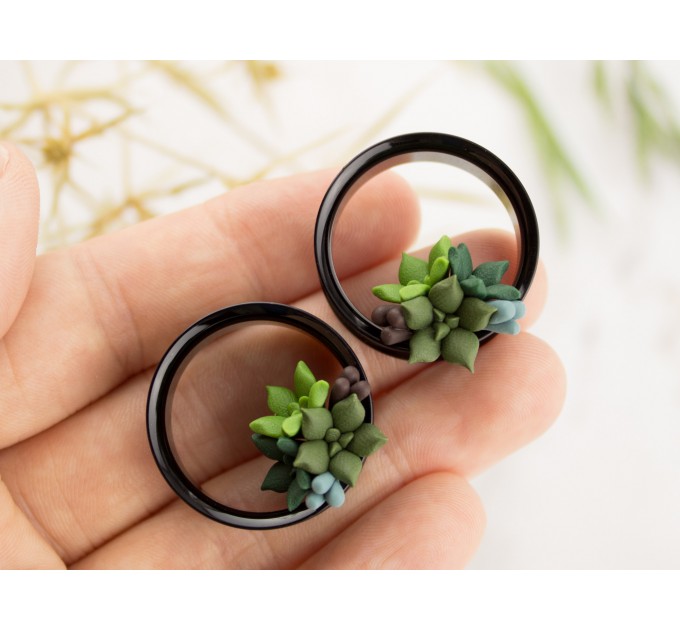 Handmade gauges plugs with succulents - cute flesh tunnels