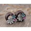 Handcrafted wooden tunnels piercing for ears with succulents