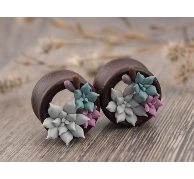 Handcrafted wooden tunnels piercing for ears with succulents