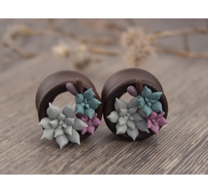 Handcrafted wooden tunnels piercing for ears with succulents