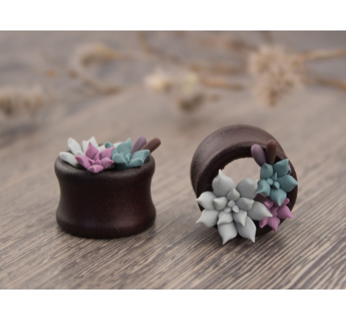 Handcrafted wooden tunnels piercing for ears with succulents