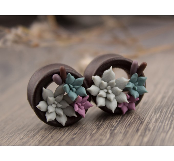 Handcrafted wooden tunnels piercing for ears with succulents