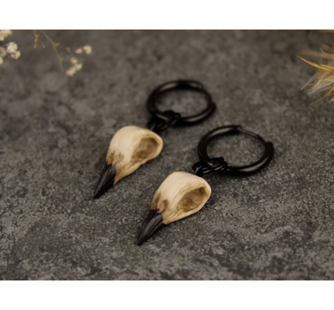 Goth gauge hangers - handcrafted  bird skull hoop earrings