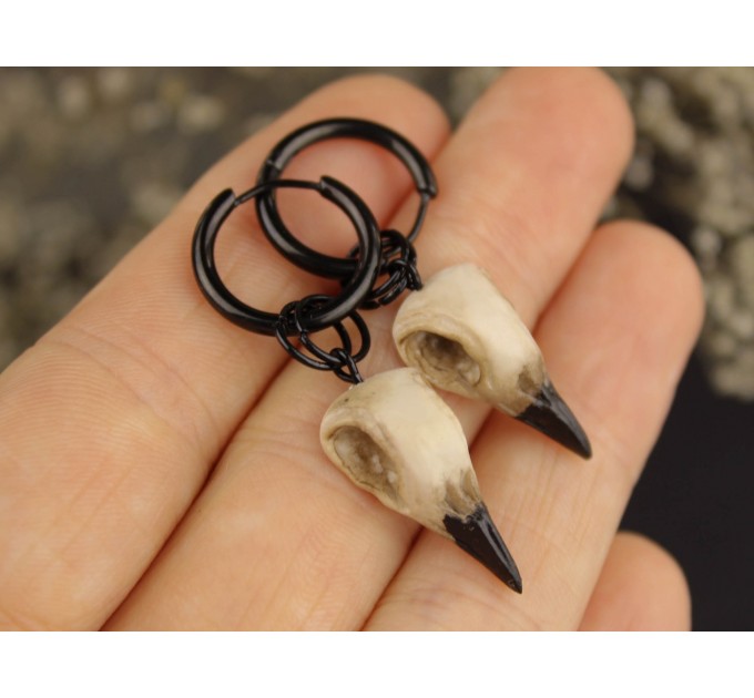 Goth gauge hangers - handcrafted  bird skull hoop earrings