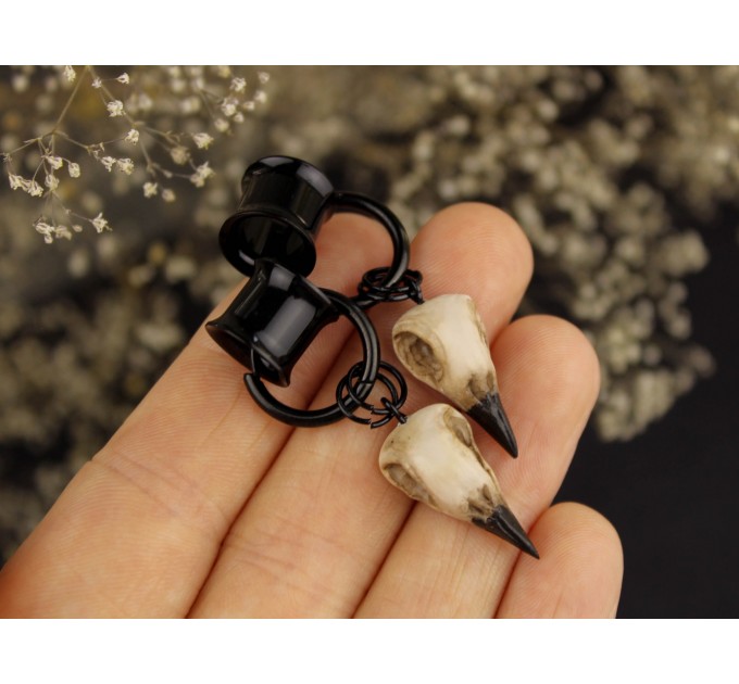 Goth gauge hangers - handcrafted  bird skull hoop earrings