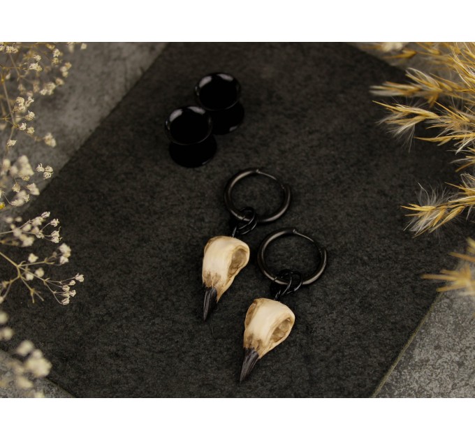 Goth gauge hangers - handcrafted  bird skull hoop earrings