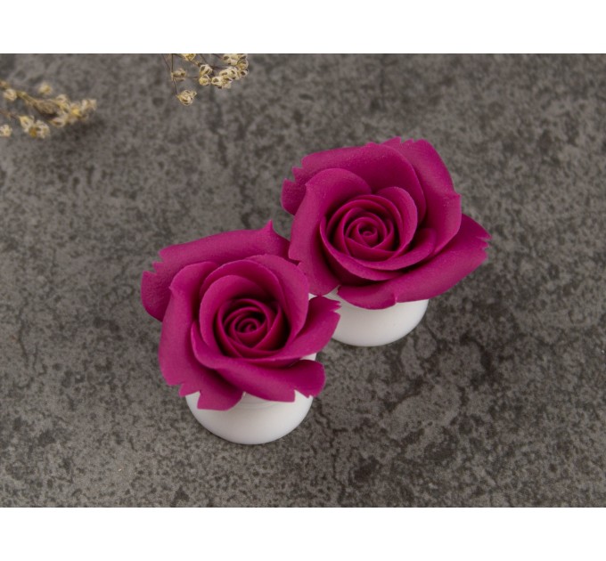 Magenta rose ear plugs - floral gauge earrings