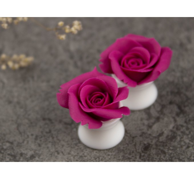 Magenta rose ear plugs - floral gauge earrings