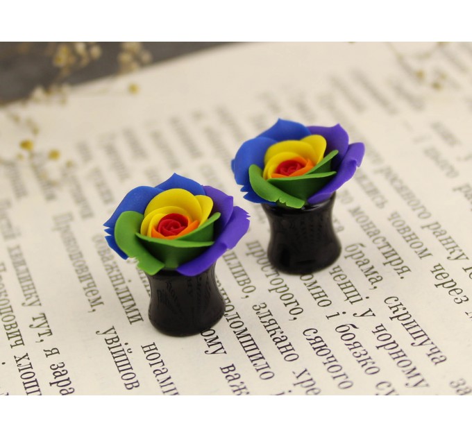 Rainbow rose ear plugs - cool LGBT jewelry