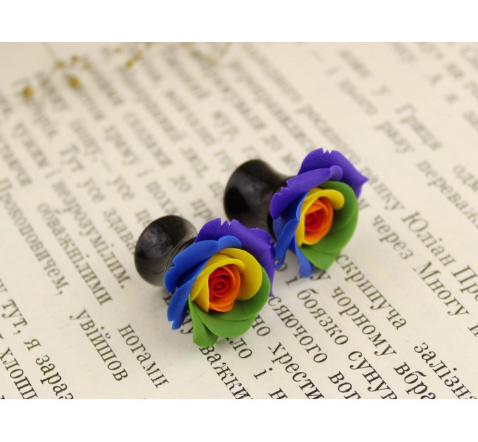 Rainbow rose ear plugs - cool LGBT jewelry