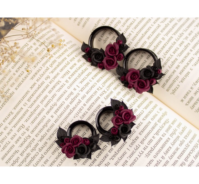 Burgundy black rose ear tunnel plugs, 00g – 1 inch gauge