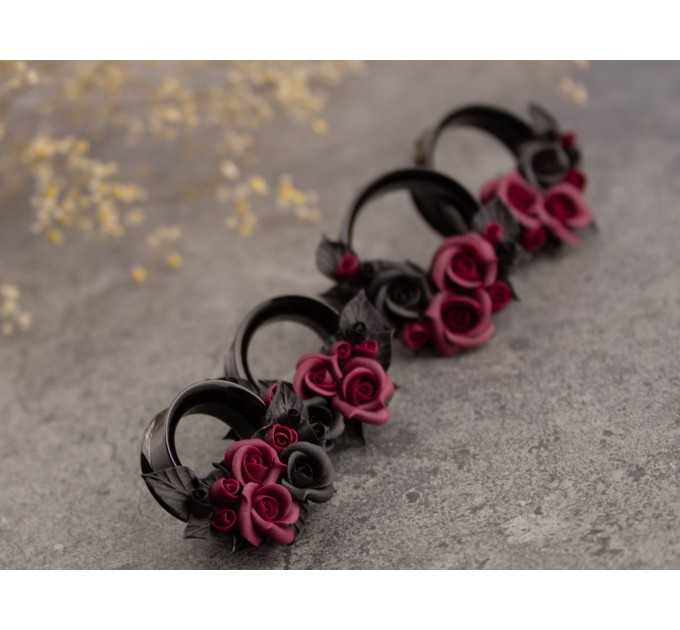 Burgundy black rose ear tunnel plugs, 00g – 1 inch gauge