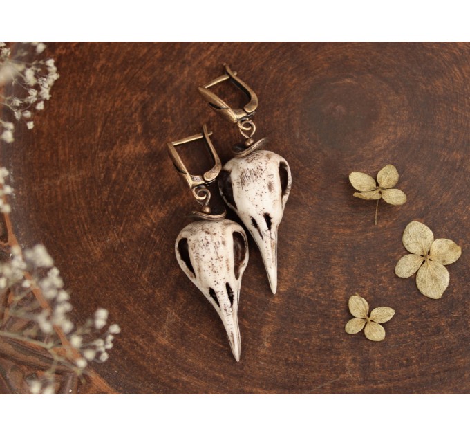 Dangle pagan earrings with raven skulls - Norse jewelry