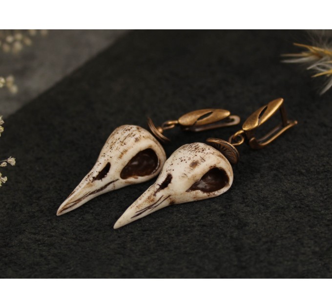 Dangle pagan earrings with raven skulls - Norse jewelry